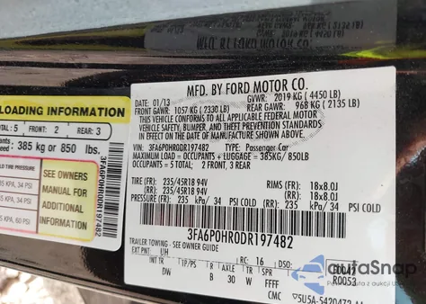 2013 Ford Fusion Se из США, поврежденный, VIN 3FA6P0HR0DR197482